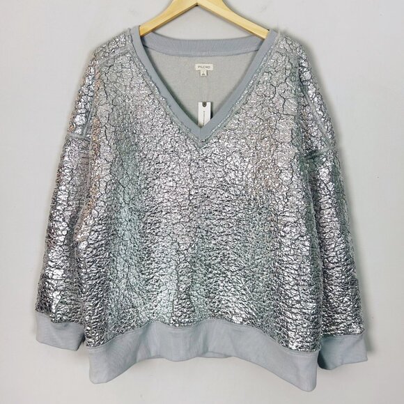 NEW Anthropologie Pilcro Silver Foil Sherpa Tunic Top Size Large Women's - Picture 2 of 4
